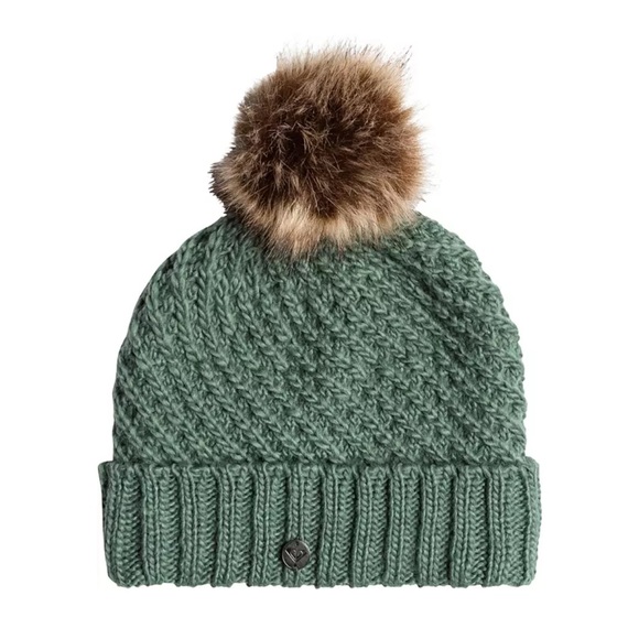 Roxy Women's Blizzard Beanie Dark Forest Green Hat PomPom Fleet Lined Band NWT - Picture 6 of 7
